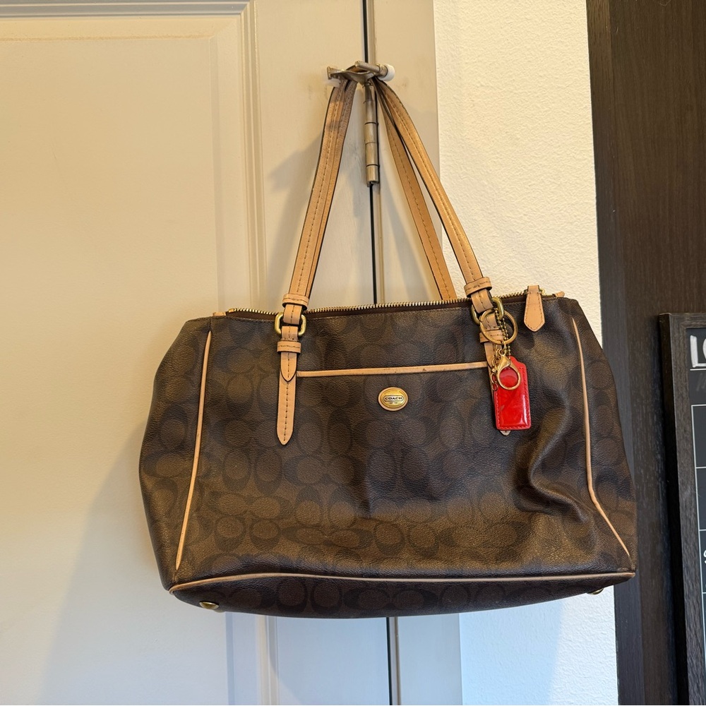 Coach Brown Signature Tote with Tan Trim and Red Charm